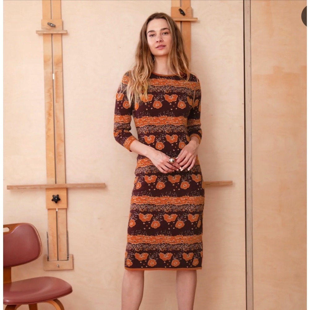 Kerisma Morph Sweater Dress Womens S/M Orange Floral Knit Boho Retro